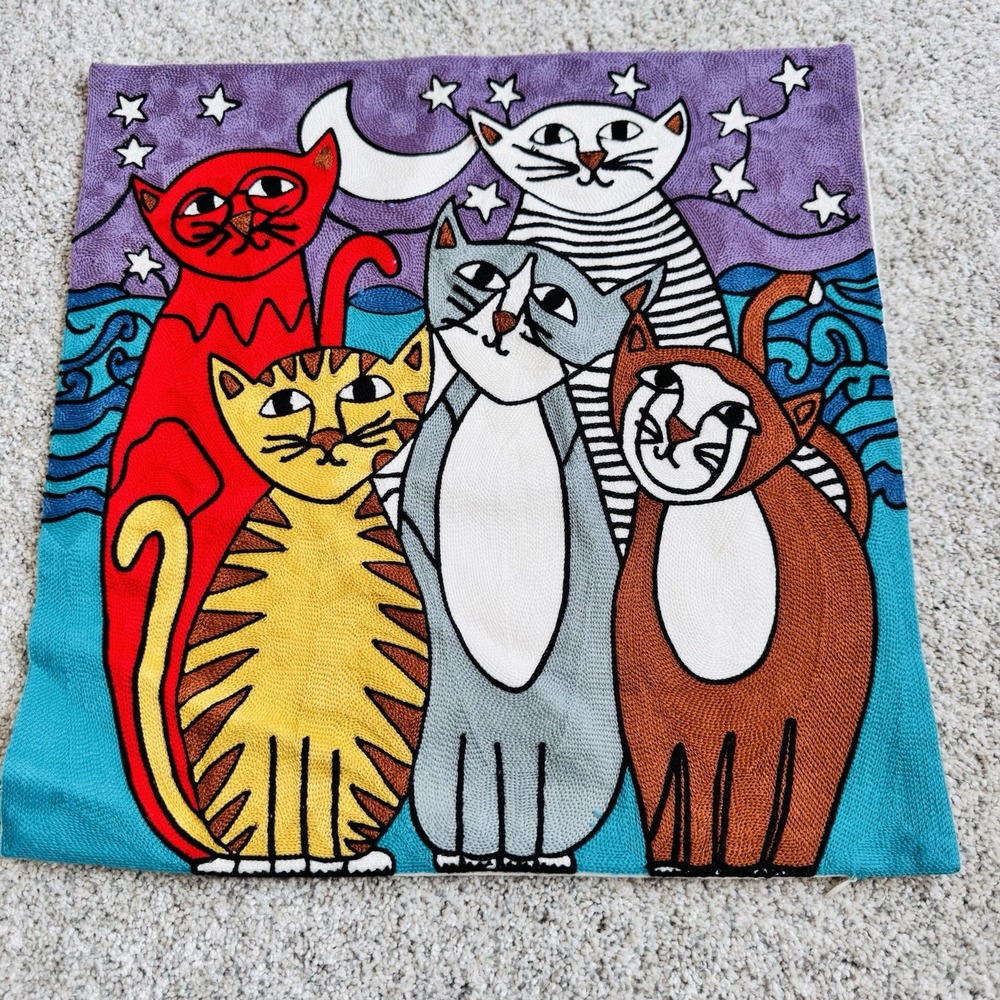 Cats Whimsy by Shelagh Duffett  Throw Pillow Cover Cat‎ Embroidery 17"